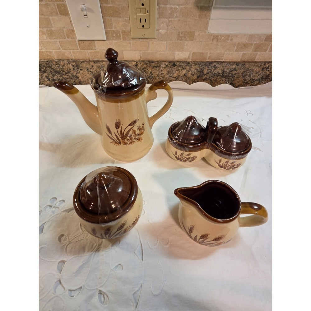 Vintage Ceramic Tea Kettle And Accessories With Brown And Tan Wheat Pattern